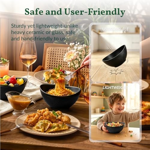 Homienly Wheat Straw Serving Bowls Unbreakable Oval Bowls Set of 6 Soup Bowls Microwave Safe Cereal Bowls for Kitchen, Camping, Party Dishwasher Safe Plastic Bowls for Dinner, Soup (26 OZ Black) - Image 4
