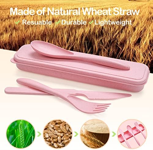 Reusable Travel Utensils Set with Case, 10 Sets Wheat Straw Portable Knife Fork Spoons Cutlery, Eco-Friendly BPA Free Plastic Tableware for Kids Adults Travel Picnic Camping Silverware - Image 2