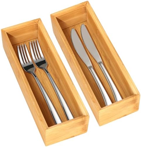 Bamboo Drawer Organizer Set of 2 for Kitchen Drawers, Small Stackable Drawer Organizer for Silverware, Utensils, Cutlery, Flatware, Junk Drawer, Dresser, Bathroom, 9" x 3" x 2" by Gtencemen