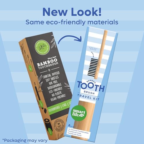 Bamboo Charcoal Toothbrushes (4 Pack) with Travel Case & Stand - Extra Soft Bristles for Adults & Kids Teeth | Zero Waste Travel Toothbrush Kit | Natural Eco-Friendly Wooden Brush Holder Cover - Image 2