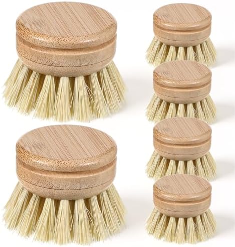6 Pcs Bamboo Dish Brush Replacement Heads, 1.9 x 1.6 Inch Natural Sisal Bristle Scrubber Wooden Kitchen Dish Brushes for Pots, Pans, Bowls, Dishes Cleaning by Unknown