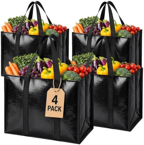 4 Pack Reusable Grocery Bags with Handles Waterproof Shopping Tote Bags by WiseLife
