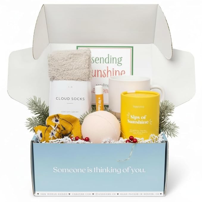 Unboxme Sunshine Spa Gift Basket for Women, Care Package with Tea, Mug, Bath Bomb, Socks, Self Care Gifts for Women, Get Well, Christmas