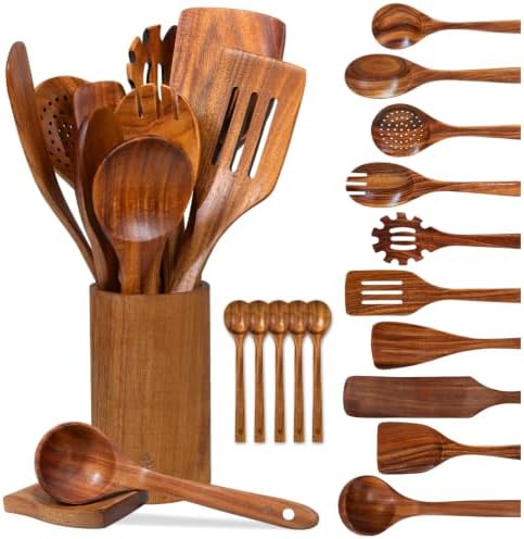 17 Piece Wooden Kitchen Utensils Set, Natural Teak Wooden Utensils Set, Handmade Wood Cooking Utensils with Holder and Spoon, Durable Nonstick, Comfort Grip Wood Cookware Tool by Vorisebo