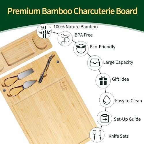 Premium Bamboo Cheese and Charcuterie Board Set - Large Wooden Serving Tray with Hidden Knife Storage, Cheese Knives & Forks - Perfect for Cheese, Meats, Fruits - Ideal Gift for Parties & Holidays - Image 4