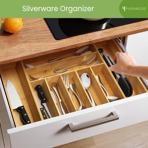 Purawood Bamboo Drawer Organizer, 2 Pack - Expandable Silverware Organizer & Utensil Organizer, Cutlery Tray with Dividers, 7-9 Slots- Premium Kitchen Organizer for Utensils & Flatware (Natural) - Image 4