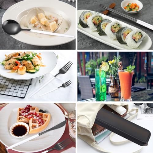 AARainbow 8 Pieces Stainless Steel Flatware Set Portable Reusable Cutlery Set Travel Utensils Set Including Chopsticks Knife Fork Spoon Straws Cleaning Brush Dishwasher Safe (White black) - Image 4