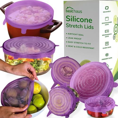 Reusable Silicone Stretch Lids for Food Storage in Fridge - Elastic Heat-Resistant Bowl Covers, Cups, Cans, Jars - Universal Food Grade Lid for Containers - 7 Pack - Purple Stretchy Lid Set by BasicHaus