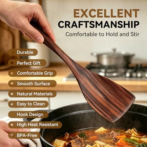 10PCS Wooden Utensil Set for Cooking, Non Toxic Wood Kitchen Utensils Set with Spatula & Wooden Spoons for Cooking, Dishwasher Safe Teak Wood Cooking Utensils for Non Stick Cookware - Image 5