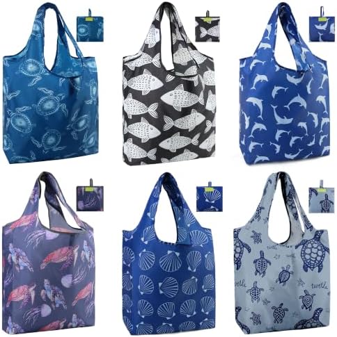 BeeGreen Reusable Grocery Bags for Groceries | Foldable Tote Bags with Handles Reusable Gift 6 Set - Heavy Duty Washable Polyester Travel and Shopping Basket - Bulk Bag for Women Animal Lovers by BeeGreen