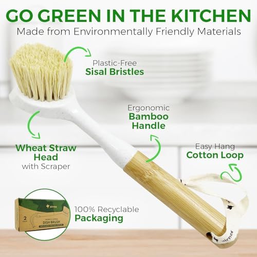 AIRNEX Bamboo Dish Brush Set of 2 - Dishwasher Brush w/Handle Made of Wheat Straw & Sisal Bristles - Non Scratch Kitchen Scrub Brush for Dishes, Pots & Pans - Dish Scrubber w/Plastic Free Bristles - Image 2