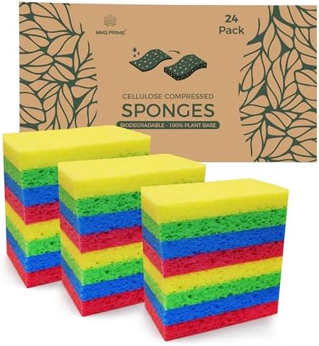 Cellulose Sponges – 24-Pack Multicolored Compressed Natural for Kitchen – Plant-Based, Biodegradable, Non-Scratch, Quick-Dry, Super-Absorbent for Dishes & Surfaces by MMGPrime
