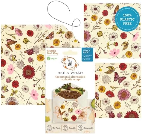 Bee's Wrap Vegan Beeswax Food Wraps, 2 Medium & Sandwich Pack, Meadow Magic by BeesWrap