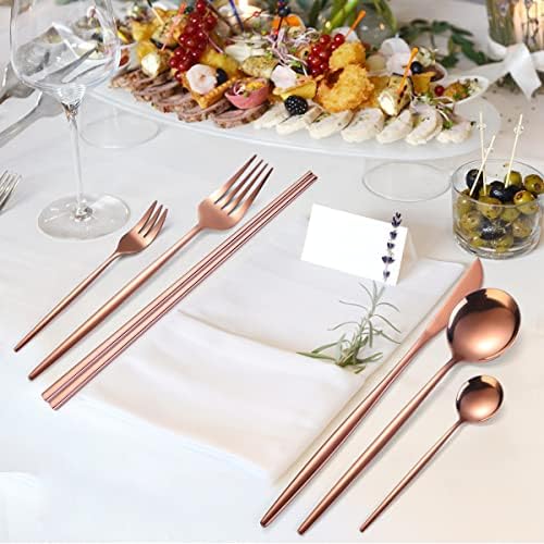 AARAINBOW 8 Pieces Stainless Steel Flatware Set Portable Reusable Cutlery Set Travel Utensils Set Including Chopsticks Knife Fork Spoon Straws Cleaning Brush Dishwasher Safe (Rose Golden) - Image 6