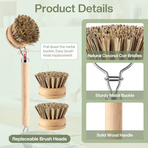 5 Pcs Bamboo Wood Dish Brush Set Includes 1 Wooden Handle with 3 Natural Replaceable Bristle Heads and 1 Handheld Bamboo Wok Brush Scrubber for Dishes Pans Pots Fruit and Veggie Washing(Style C) - Image 3