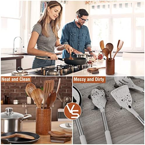Mooues Wooden Kitchen Utensil Set, 9 Piece Natural Teak with Spoon Rest - Image 5