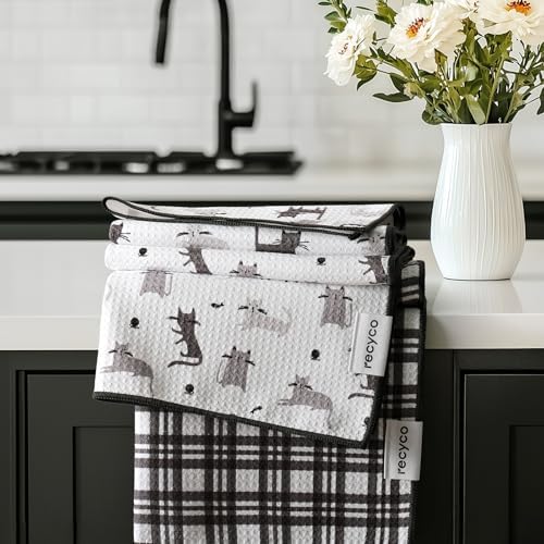 RECYCO Waffle Kitchen Towel Set of 2 - Quick Dry Microfiber Sustainable Dish Towels - Absorbent Reusable Cleaning Tea Towels - Lightweight Hand Towels,16”x 28”, Shadow Meow by RECYCOHOMECOLLECTION