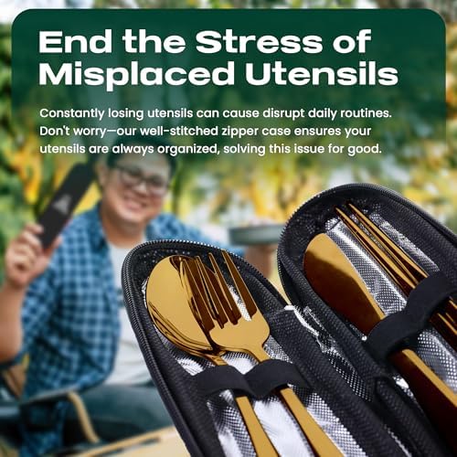 Taplord Portable Travel Silverware Set With Case, Includes 5 Pcs of Travel Utensils With Case, Stainless Steel Flatware Set For Camping, Easy to Travel, Lightweight (Gold) - Image 4