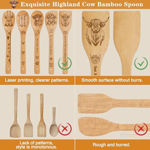 Highland Cow Kitchen Decor Bamboo Wooden Spoons With Utensil Holder,Hummingbird Kitchen Accessories for Cooking-Home Decorations Gifts for Women-Housewarming,Birthday,Mothers Day(6PCS） (Highland Cow) - Image 3