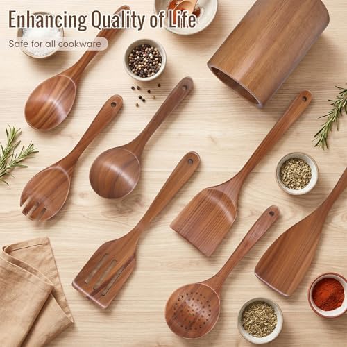 Wooden Cooking Utensils Set with Holder, 8 Pcs Teak Wood Kitchen Utensils - Image 7