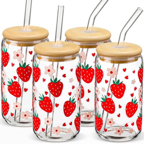 Glass Cups with Lids and Straws with Design Strawberry 4 pcs,Clear Glass Cups 16 oz-DWTS Drinking Glasses Set,Glass Tumbler,Cute Design Glass Iced Coffee Cups with Lids and Straws 480ml by DWTSDANWEITESI