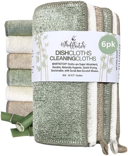 Whiffkitch Dishcloths Kitchen Dishrag Cleaning Scrub Reusable 6pk 6x7in by EcoFriendlyBambooCloths