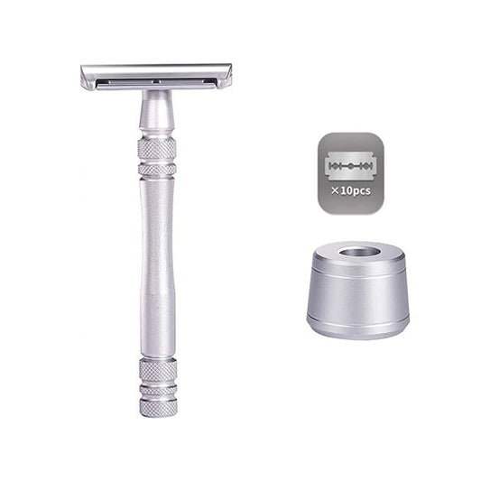 Men's and Women's Manual Razor Safety Razor with 10 Double Edge Blades, Double Edge Razor, Eco-Friendly, Smooth Close Shave, Plastic-Free, Easy to Carry for Traveling at Home (Silver + Base)