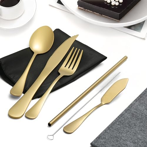 Travel Utensils with Case, Portable Silverware Set Stainless Steel Lunch Box Travel Cutlery Set for Work, Camping, Picnic, Hiking, Office (Gold) - Image 4