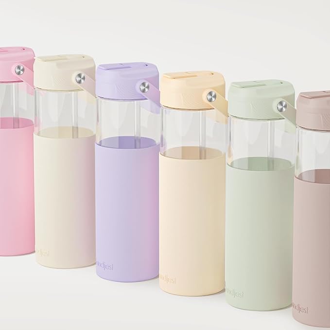 Glass Water Bottle with Silicone Sleeve and Straw Lid 20oz for Girls Women, Glass Drinking Bottles for Travel Home Gym Sports (Amethyst Whisper)