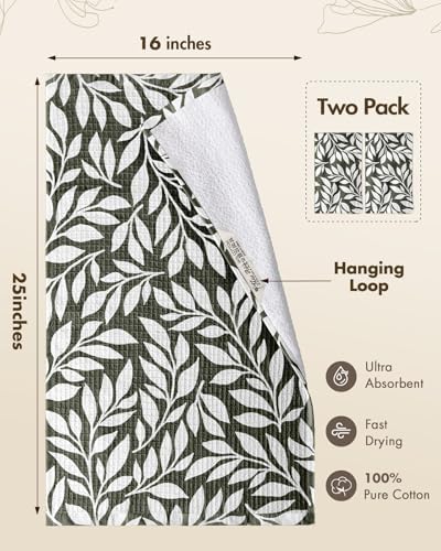 Miss Adola 370GSM Cotton Waffle Kitchen Towels, Leaf - Image 4