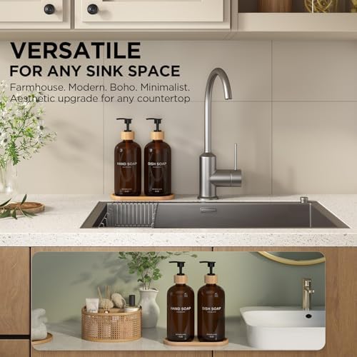 Hand and Dish Soap Dispenser Set,16oz Glass Bottles with Bamboo Pumps & Tray,Countertop Soap Dispensers for Kitchen,Luxury, Minimalist & Farmhouse Decor - Image 4
