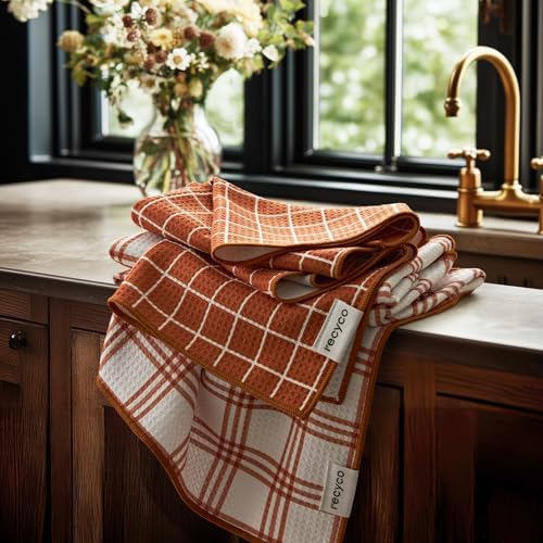 RECYCO Waffle Kitchen Towel Set of 2 - Quick Dry Microfiber Sustainable Dish Towels - Ultra Absorbent Reusable Cleaning Tea Towels - Lightweight Hand Towels,16”x 28”, Farmhouse Plaid by RECYCOHOMECOLLECTION
