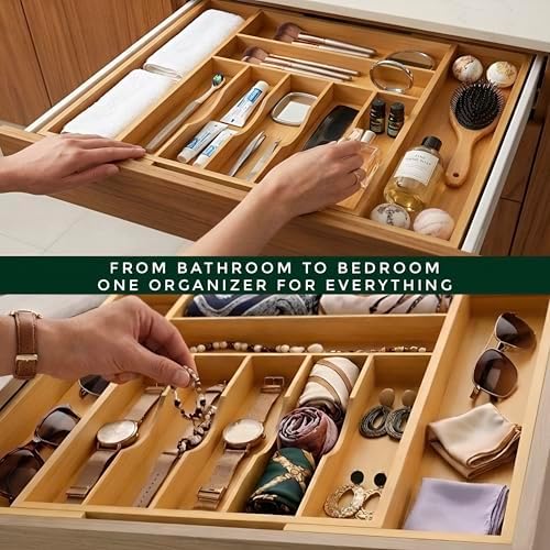 Bamboo Drawer Organizer – Expandable 9 Slot Silverware & Utensil Tray for Kitchen, Office & Kitchen –Fits 13”–19.6” Drawers, Natural Bamboo Wood, Deep Compartments - Durable & Eco-Friendly - Image 5