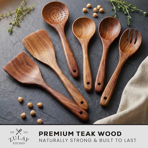 Zulay Kitchen 6 Piece Wooden Spoons for Cooking – Natural Teak Wooden Utensil Set, Easy to Clean, Durable, Smooth with Comfort Grip - Non Toxic Wooden Cooking Utensil Sets - Image 2