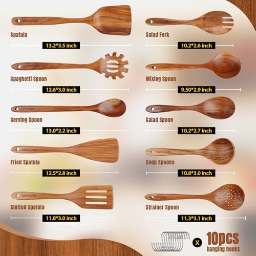 Wooden Spoons for Cooking 10PCS Teak Wood Cookware Utensil Set - Image 3