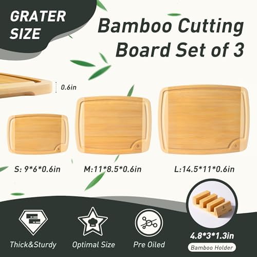 Bamboo Cutting Board Set Non Slip Feet with Holder Over Sink Tablas Para Picar Cocina Tabua Madeira Corte Carne Bambu Alimentos Cortar Madera Juego Regalos Cumpleaños Navidad Mujer Mama Abuela Papa - Image 2