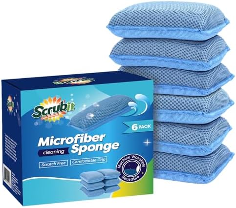 Miracle Microfiber Kitchen Sponge by Scrub-It (6 Pack) - Non-Scratch Heavy Duty Dishwashing Cleaning sponges- Machine Washable - (Blue) by SCRUBIT