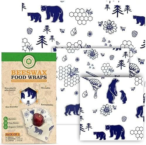 PURE & SUSTAINABLE COMPANY Beeswax Wraps for Food Storage-Pack of 3 Reusable with Organic Cotton - Preserve Fruits, Vegetables, Sandwiches, Snacks, Leftovers. Size S,M,L. Bears Print by Unknown