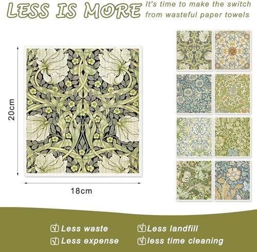 8 Packs Foliage Swedish Dishcloths, Blue Green Floral, 7 x 8 Inch - Image 2