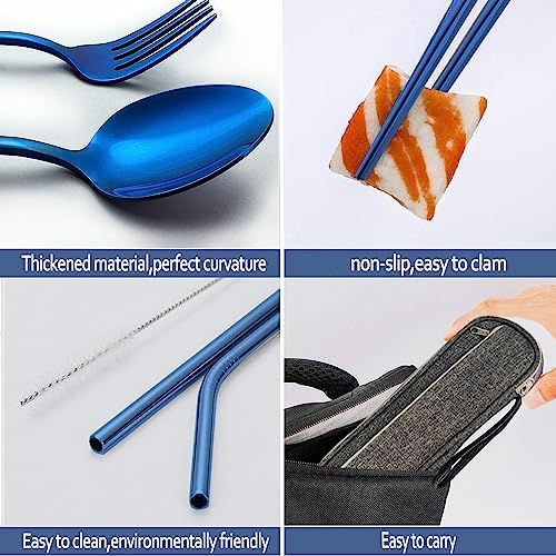 Portable Reusable Travel Utensils Silverware With Case, Camping Cutlery Set, Chopsticks and Straw, Flatware With Case, Stainless Steel Top (Blue) - Image 6