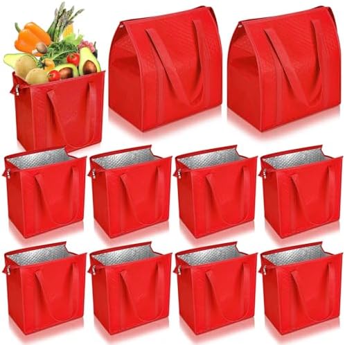 10 Pack 10 Pack Large Insulated Grocery Bag Zippered, Red by Locmeo