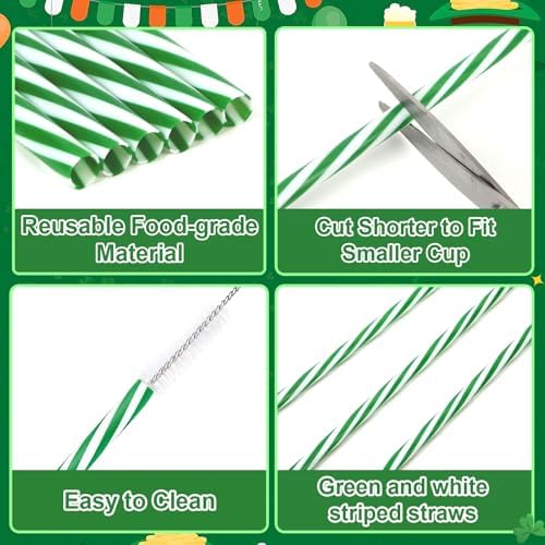 JANYUN 30 Pcs Green and White Straws Plastic, Reusable St Patricks Straws - Image 3
