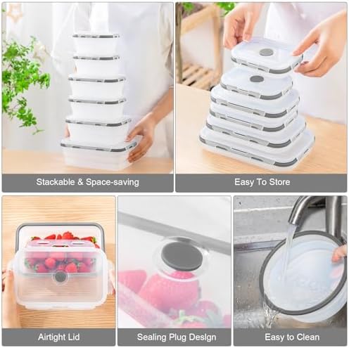 Dandat 12 Silicone Collapsible Food Storage Containers Foldable Silicone Lunch Container 6 Rectangle and 6 Round Airtight Collapsible Bowl with Lid Set for Kitchen Microwave (Translucence Gray) - Image 3