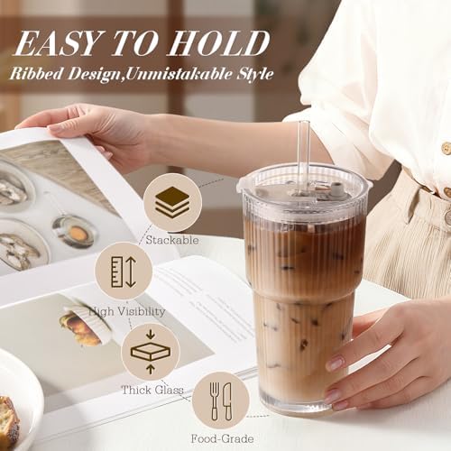 Iced Coffee Cups with Lids 2Pcs: Ribbed Glass Tumbler with Straw and Lid 20oz - Vintage Glass Cups with Lids and Straws - Tumbler Leak Proof Aesthetic Drinking for Coffee Bar Accessories - Image 3