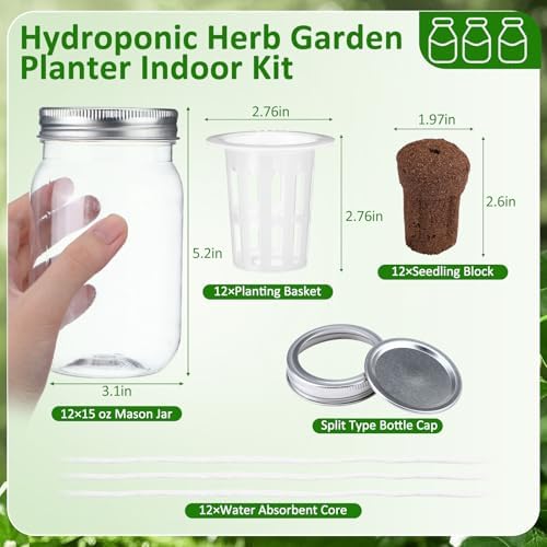 Teenyyou 12 Set Hydroponic Garden Mason Jar Kit Self Watering Herb Hydroponic Planter Starter Kit with Net Pot Garden Flower Plant Growing Gift for Indoor Herbs Windowsill Gardening - Image 2