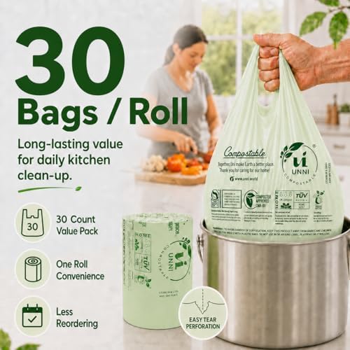 UNNI 8 Gallon Compostable Bags with Easy-Tie Handles, 30 Liter, 30 Count - Image 7