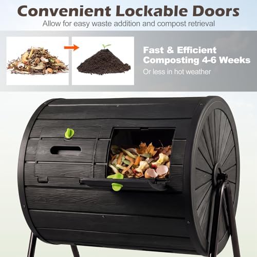 Goplus Compost Tumbler, 37.5 Gallon Large Outdoor Compost Bin w/Dual Chambers, 2 Lockable Doors, Efficient 360° Rotating Batch Composter for Garden Yard Farm Waste, Easy Assembly, BPA-Free (Black) - Image 6