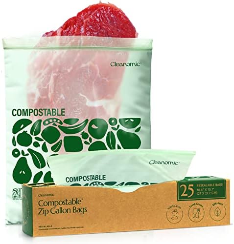 Cleanomic Compostable* Gallon Size Food Storage Bags (25 Eco Zip) Freezer and Leak Proof, Also Available Quart, Snack and Sandwich Bags by Cleanomic