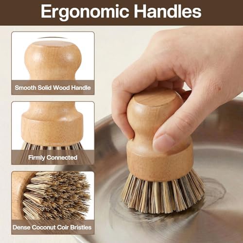 5 Pcs Bamboo Wood Dish Brush Set Handheld Bamboo Wok Brush Scrubber for Dishes Pans Pots Fruit and Veggie Washing(Style D) - Image 3