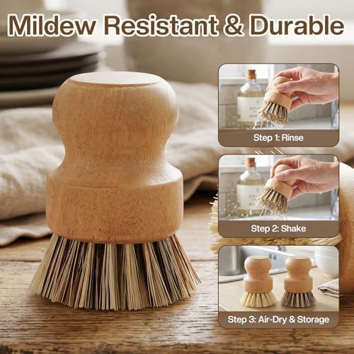 Wooden Dish Brush Handheld Bamboo Wok Brush Scrubber for Dishes Pans Pots Fruit and Veggie Washing(2,Beige and Brown) - Image 5